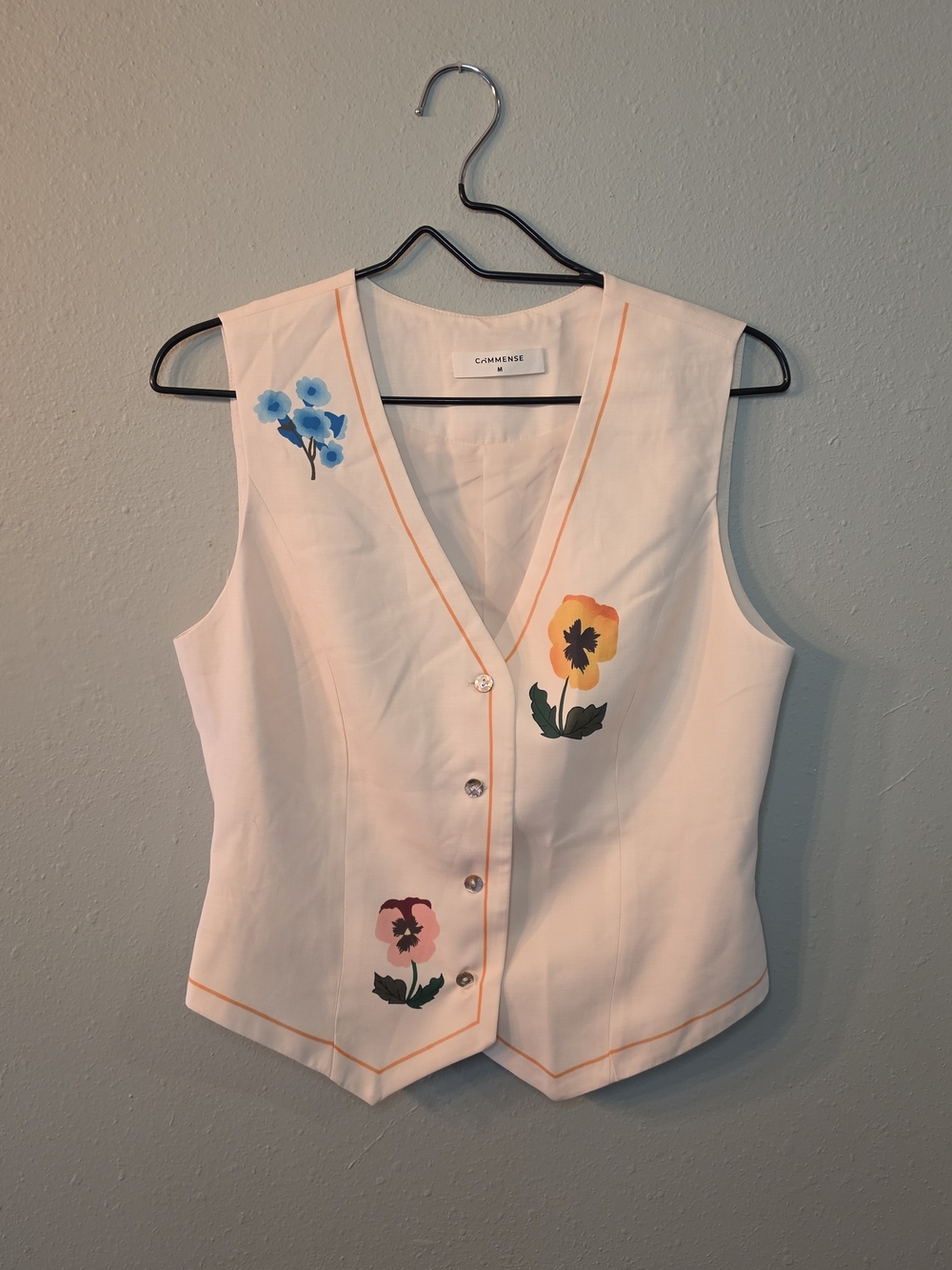 Commense White Floral Print Button Front Tailored Vest Top Size M